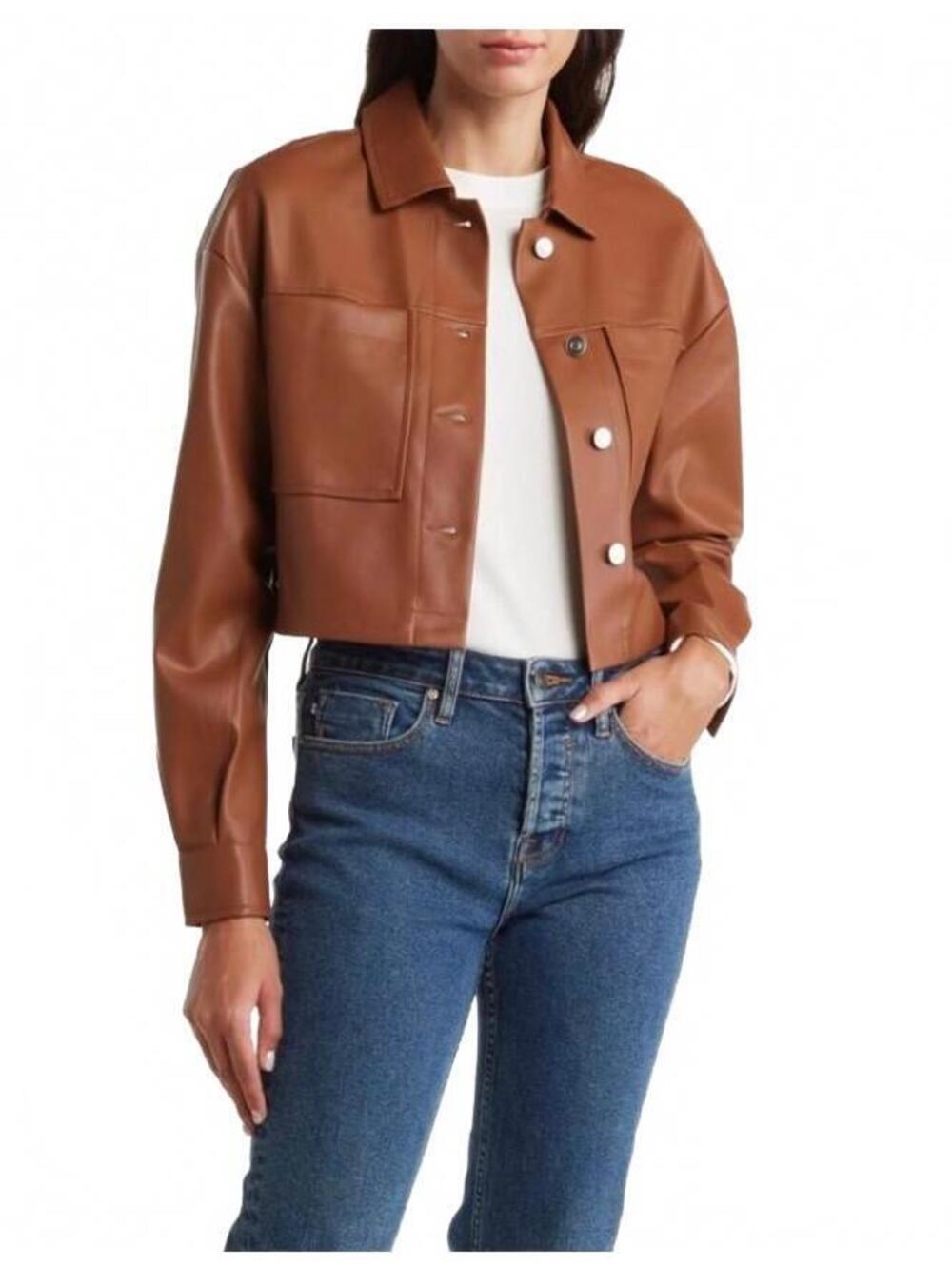 Tahari Faux Leather Jacket - Cognac Brown - Size M
